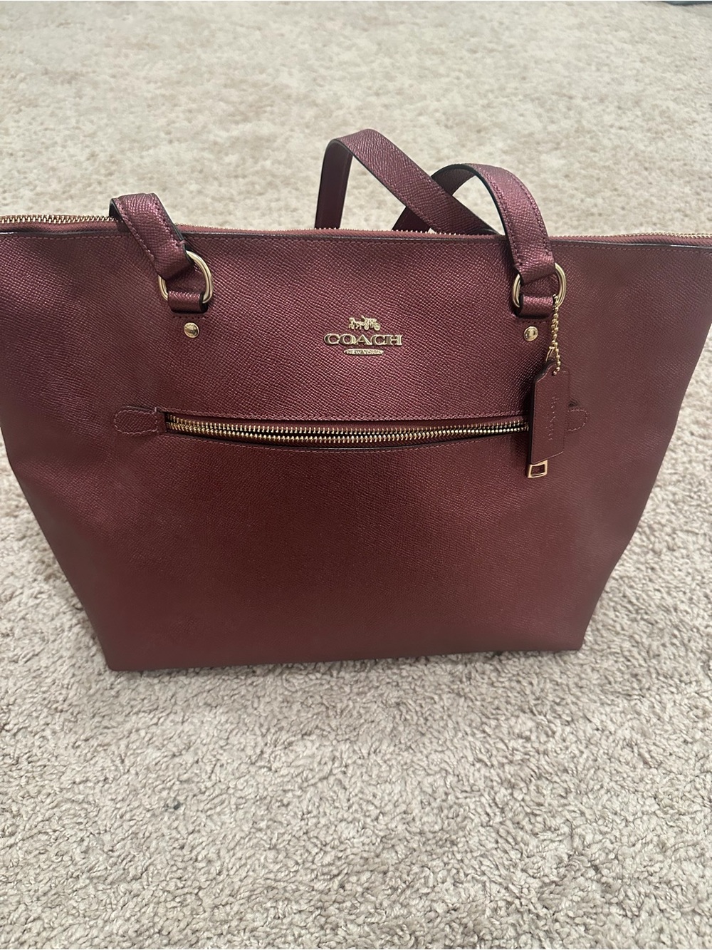 Coach Women's Burgundy Leather Tote Bag with Gold Hardware